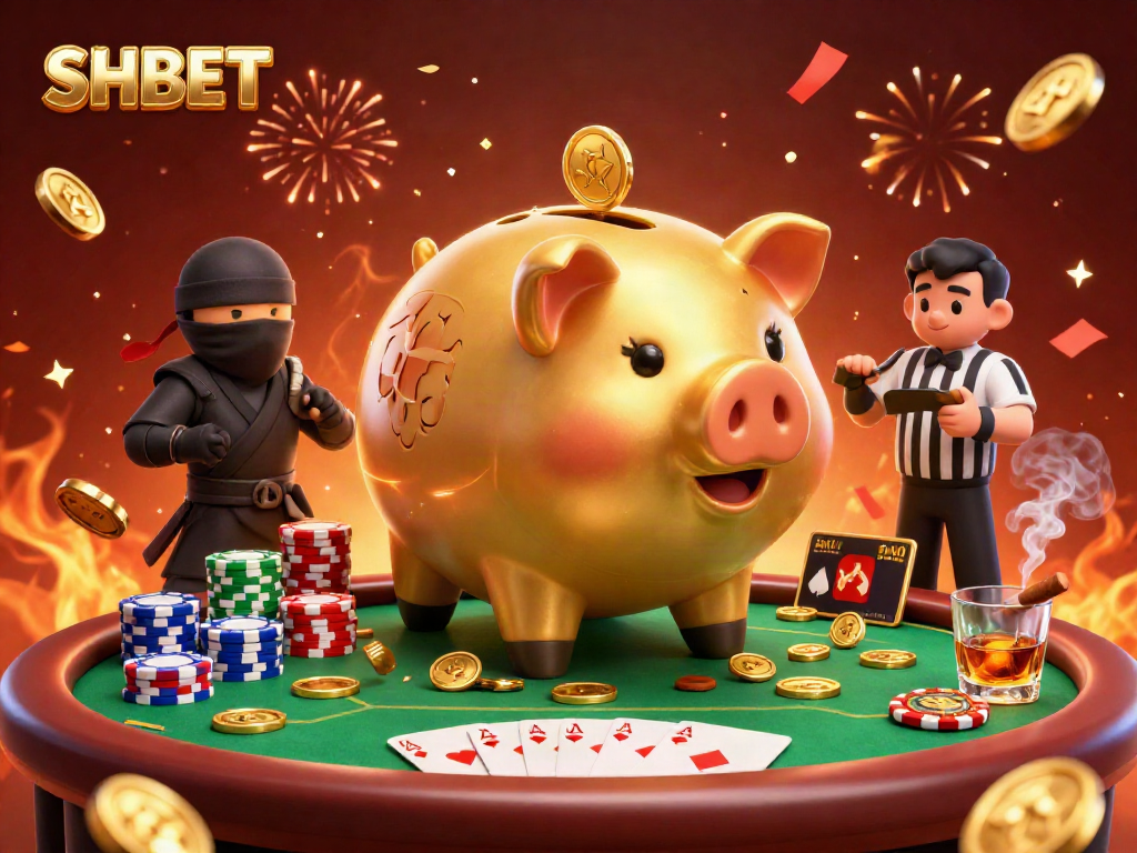 SHBET showcases a lively casino scene with a sumo piggy bank and dynamic poker elements.