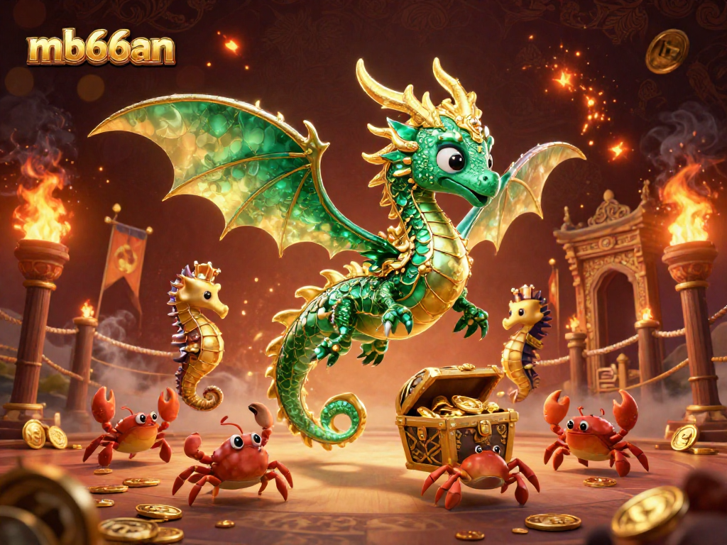 Play with mb66an's vibrant sea dragon and treasure scene, surrounded by gold tokens and ember particles.