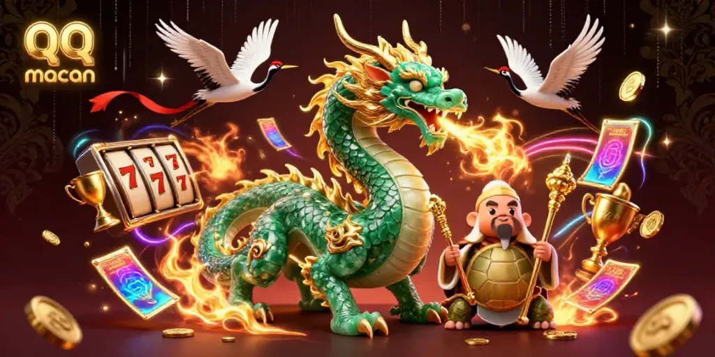 Engage in the thrilling world of qq macan with an electrifying scene featuring a jade dragon, lucky cranes, and slot machines.