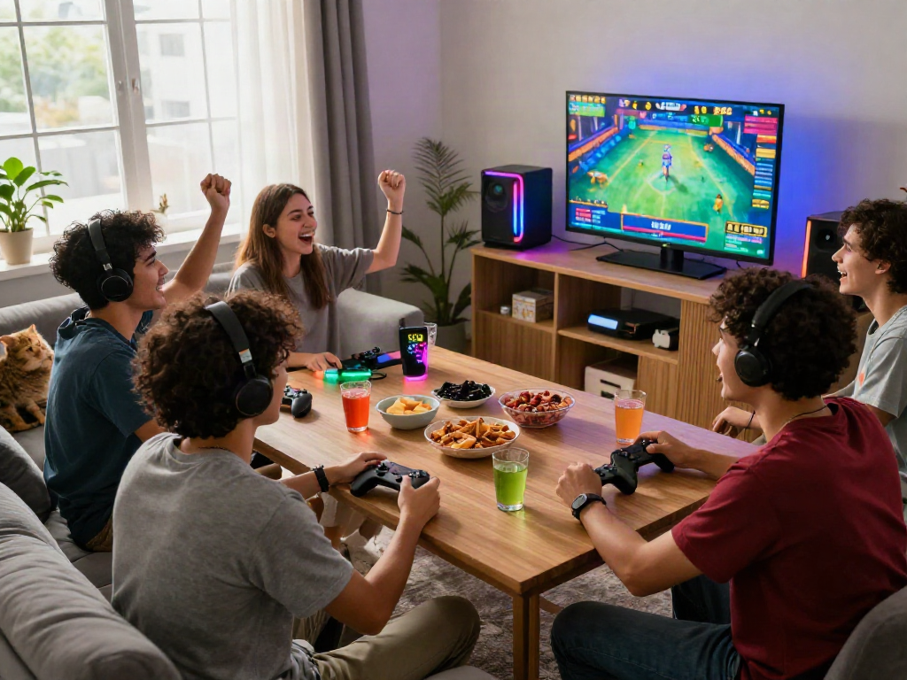 Interactive gaming session with kebuntoto and friends in a vibrant living room.