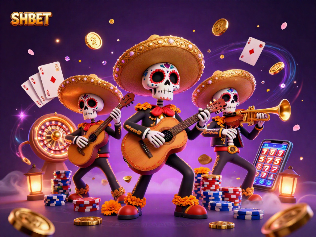 Engage with SHBET’s vibrant casino scene featuring a lively mariachi band amidst cascading coins and colorful game elements.
