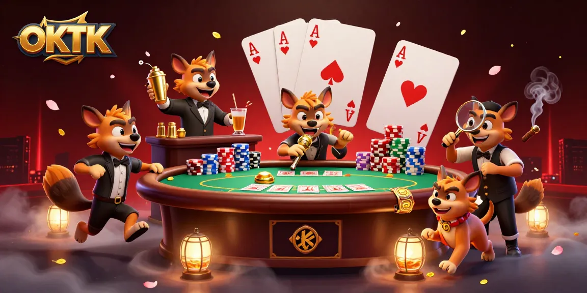 Engage with OKTK's vibrant casino atmosphere featuring animated hyenas in action.
