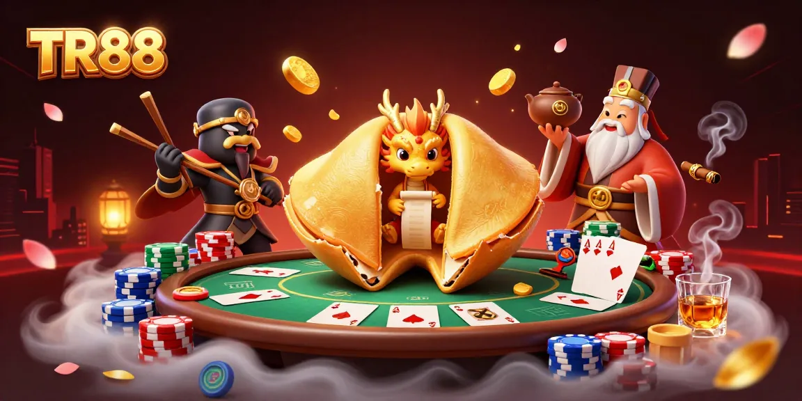 Engage with TR88's vibrant casino world featuring a golden fortune cookie, wise dragon, and poker chips.
