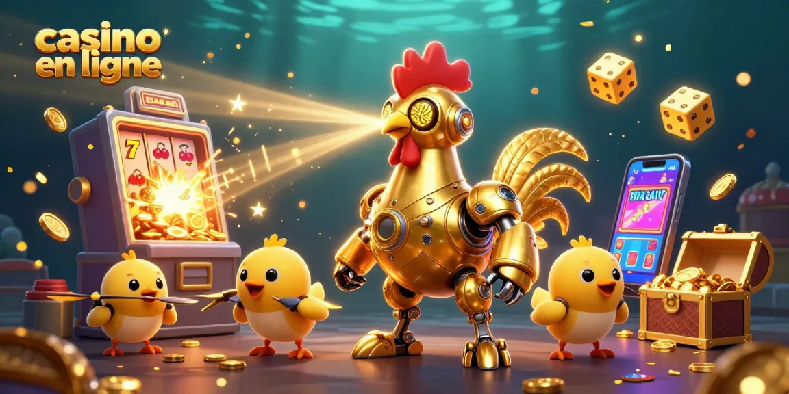 Jouer dans un casino en ligne avec un robot coq doré et des drones poussins.