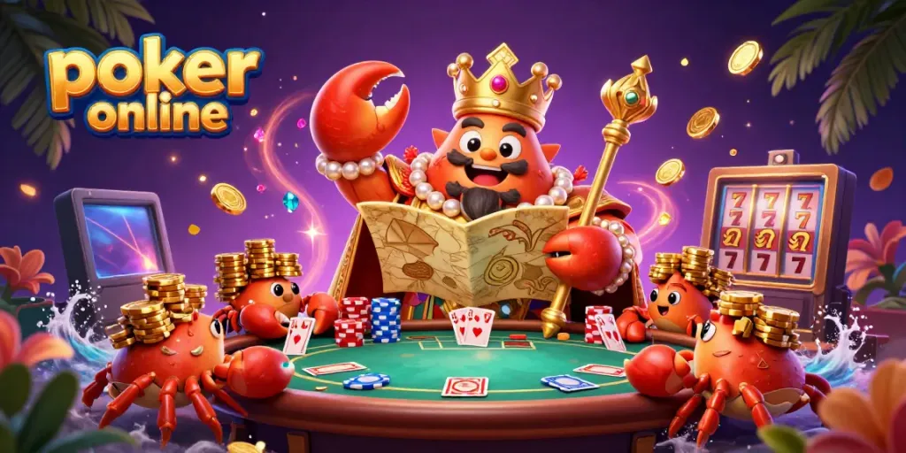Join the excitement of poker online with a golden crab emperor surrounded by chips and sparkling treasures.