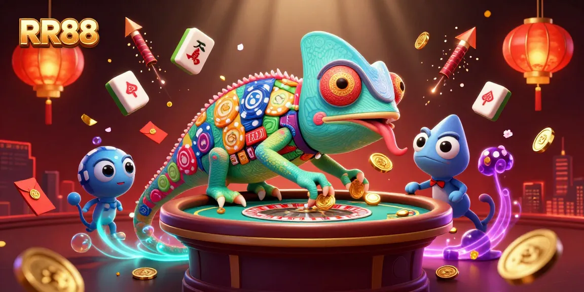 Engage with thrilling RR88 gaming excitement as a chameleon casino owner grabs golden coins!