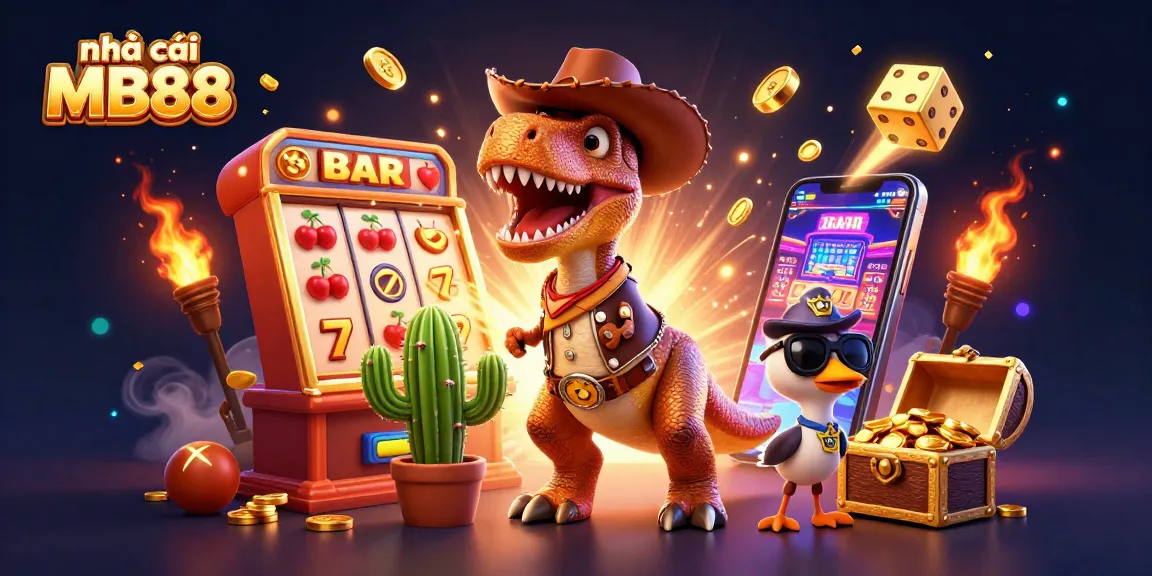 Narrate thrilling adventures at nhà cái MB88 while discovering vibrant casino excitement with a cartoon dino and friends.