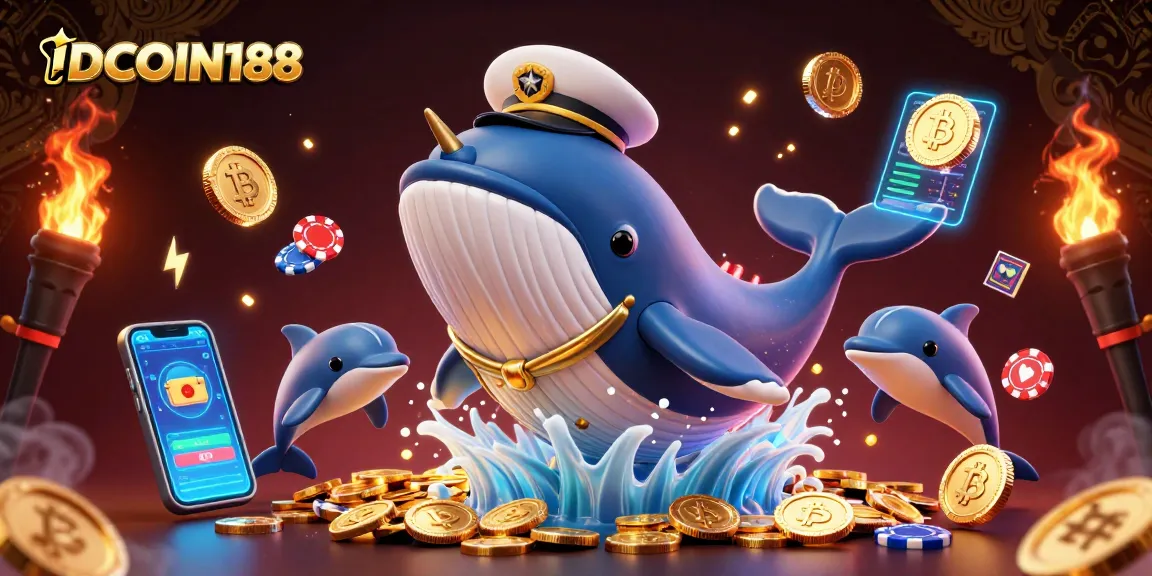 Experience thrilling gaming with IDCOIN188's 3D whale, narwhal, and dolphins amidst digital coins.