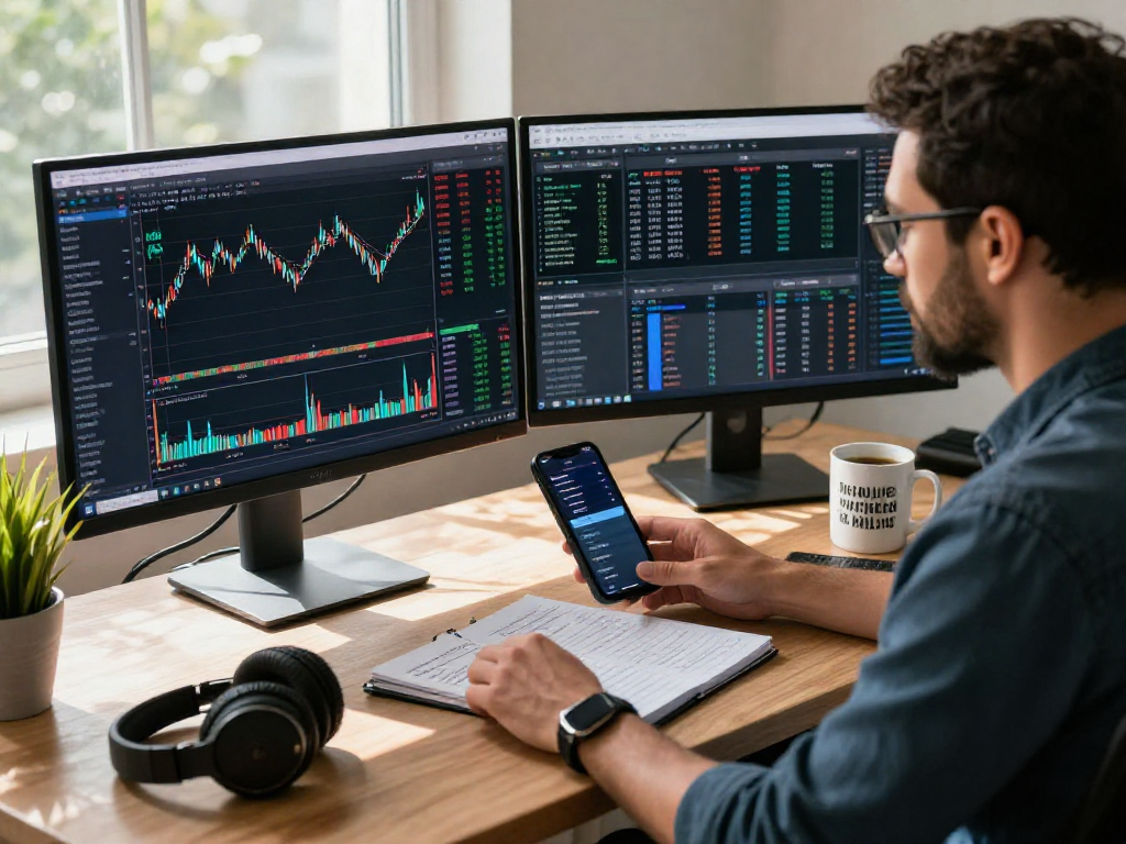 TradingView workspace featuring a trader analyzing charts and market news.