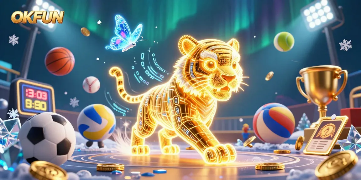 Engage with OKFUN's vibrant digital casino featuring a neon-wireframe golden tiger and dynamic sports symbols.