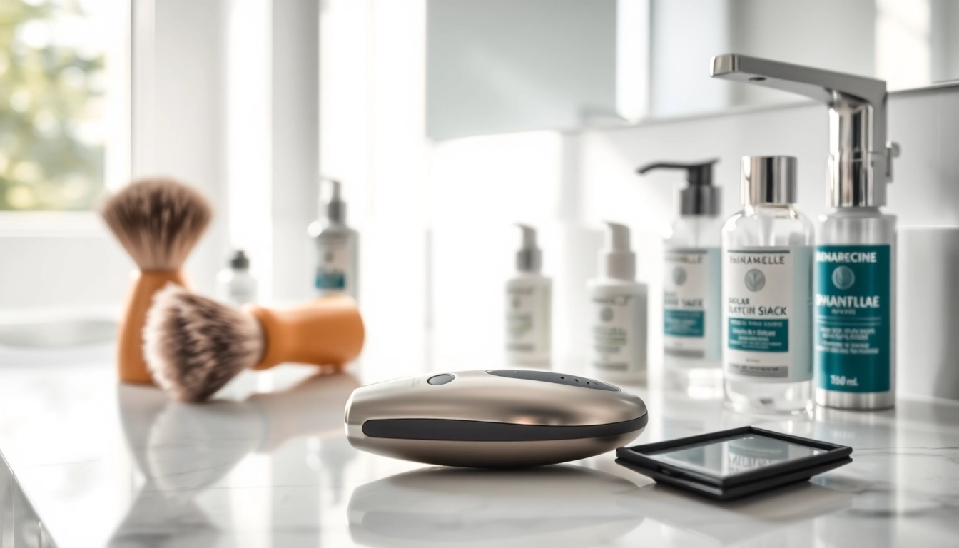 Featuring an electric shaver for men with sleek designs on a bathroom counter.
