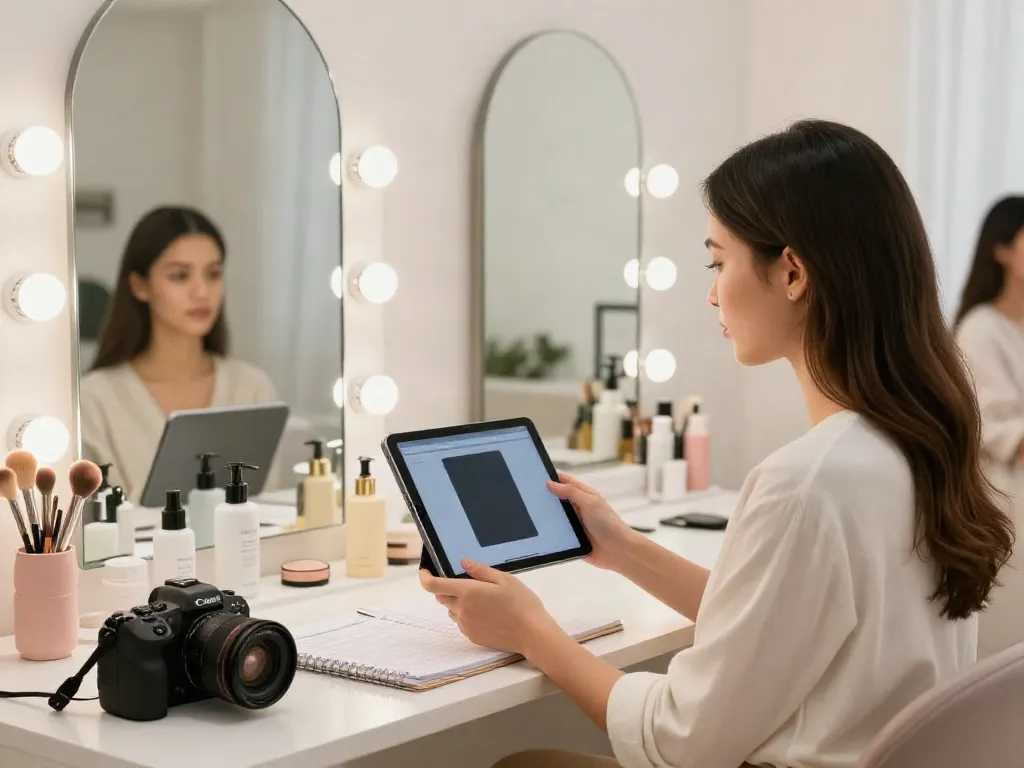 Young woman exploring alternatives to QOVES in a modern beauty analysis studio.