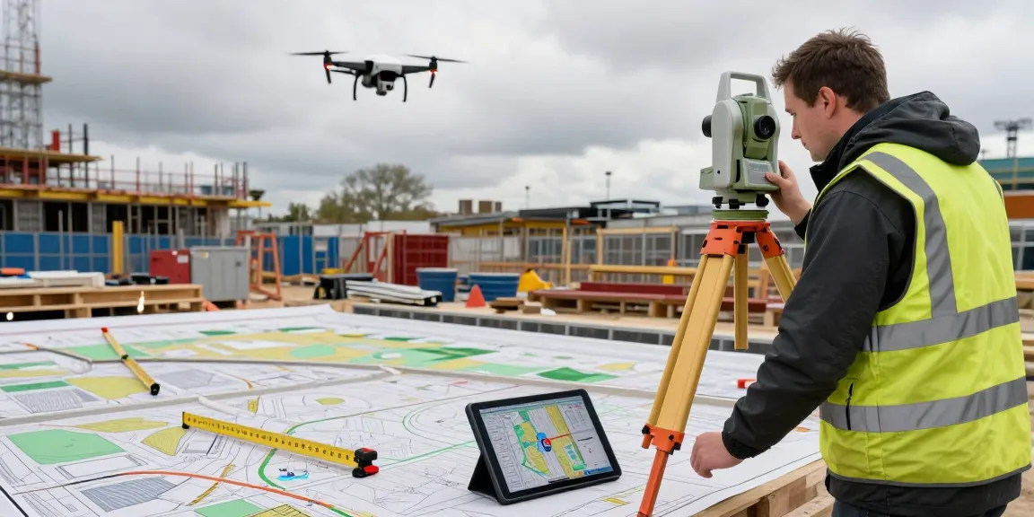 Topographical surveys london – Surveyor using total station on construction site in London.