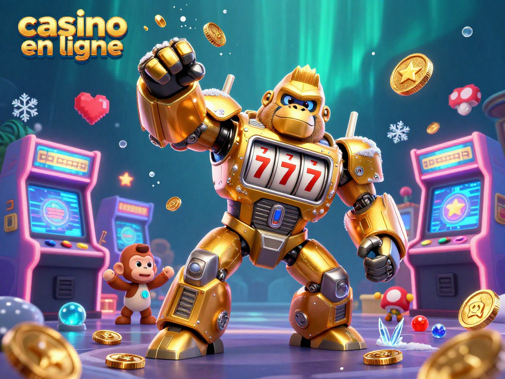 Actionner sur un casino en ligne avec une illustration créative d'un gorille mech doré entouré de machines à sous et de jeux colorés.