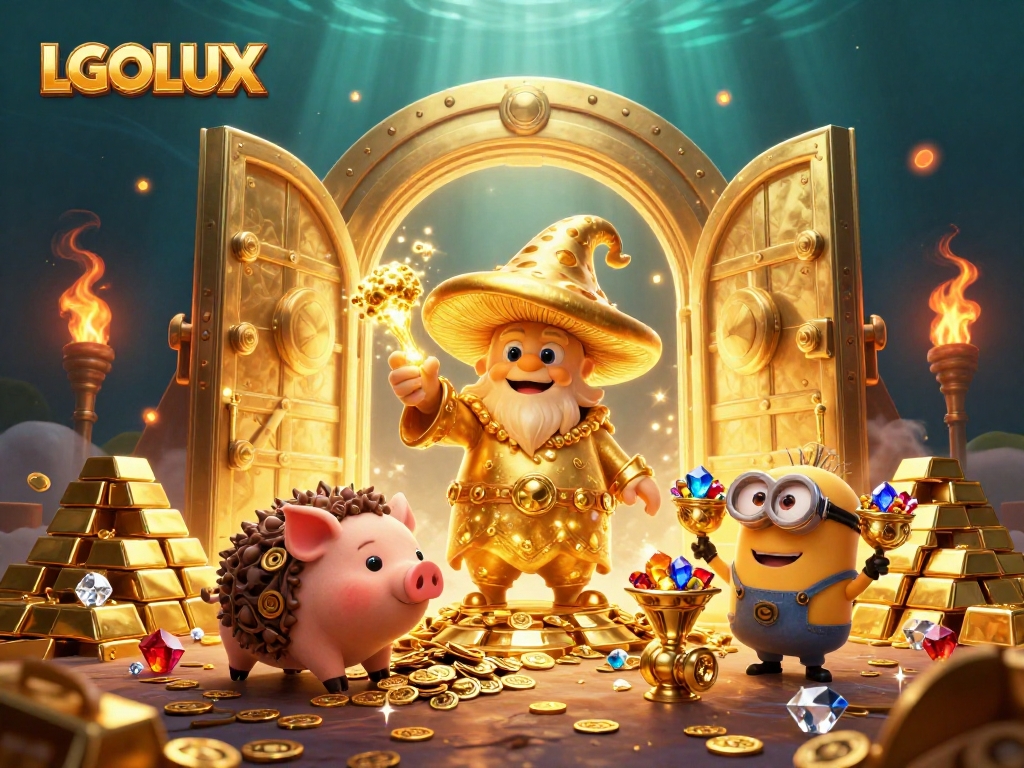 Join the adventure at LGOLUX where winnings glow among treasures in this vibrant casino illustration.