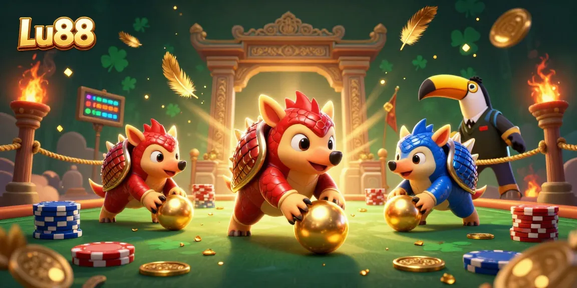 Engage with Lu88 through a dynamic 3D scene featuring rival pangolins amidst poker chips and golden effects.