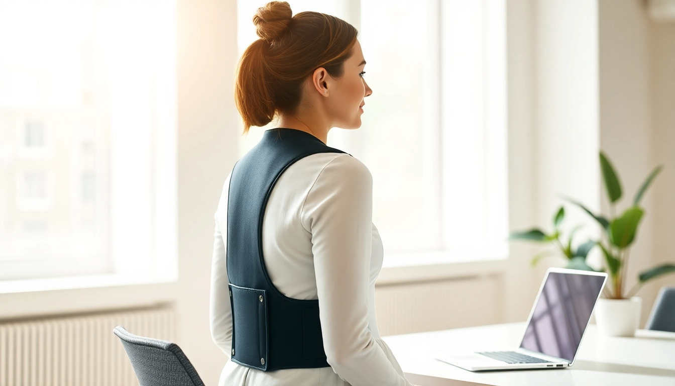 Showcasing a posture brace in use, promoting back health in an office setting.