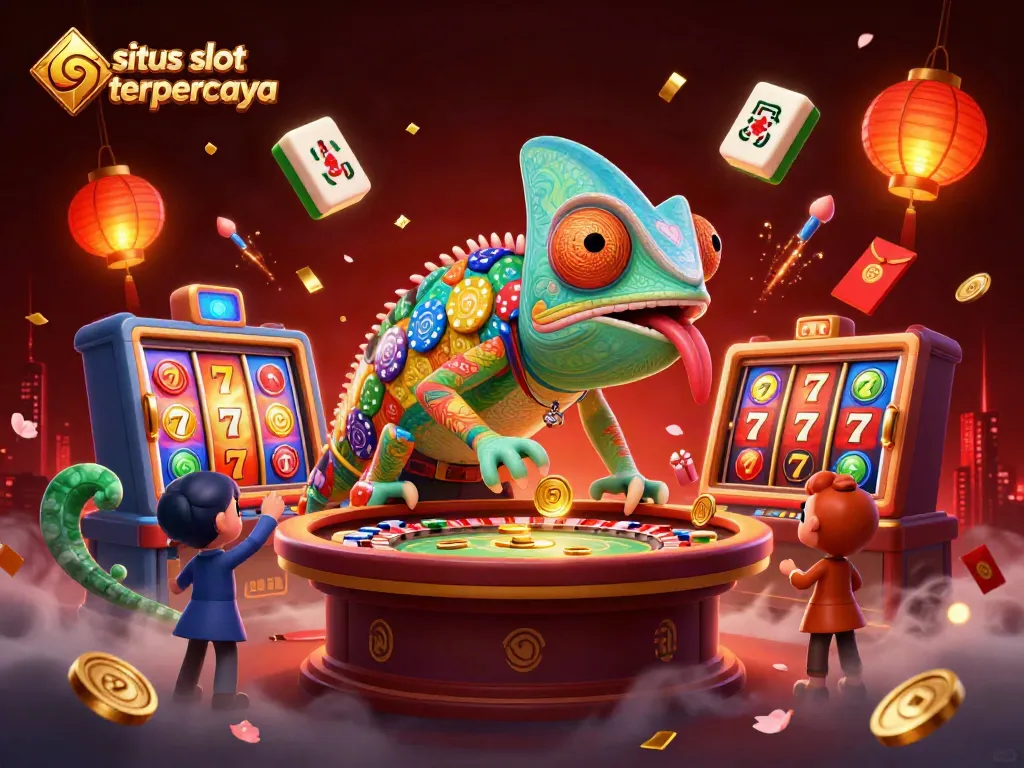Experience the excitement of situs slot gacor terpercaya with a vibrant chameleon casino owner amidst golden coins and slot reels.