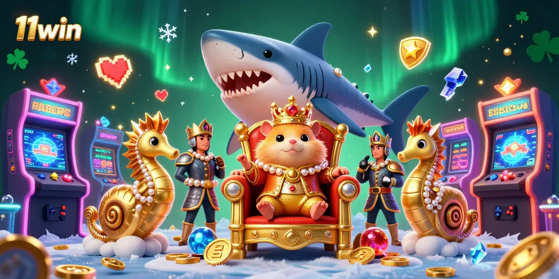 Engage with 11win's vibrant 3D casino scene featuring a hamster king, seahorse guards, and gaming elements.