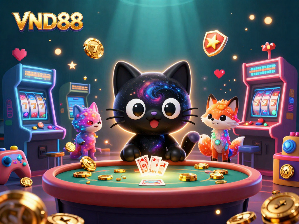 Engage with VND88's colorful casino experience through a dynamic 3D illustration of gambling elements.