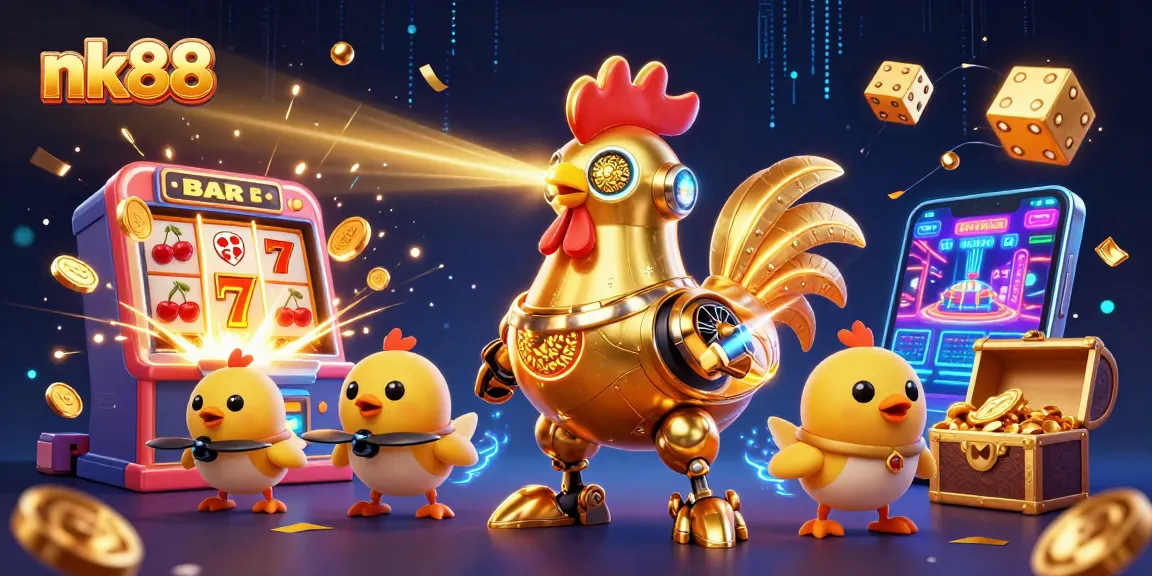 Engage in thrilling gameplay with nk88, showcasing a vibrant scene of a golden rooster robot and dynamic casino elements.