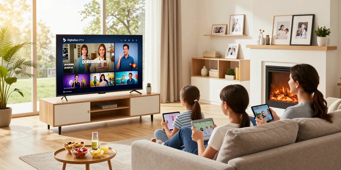 Family enjoying Digitaline IPTV streaming in a cozy living room, showcasing comfortable family bonding.