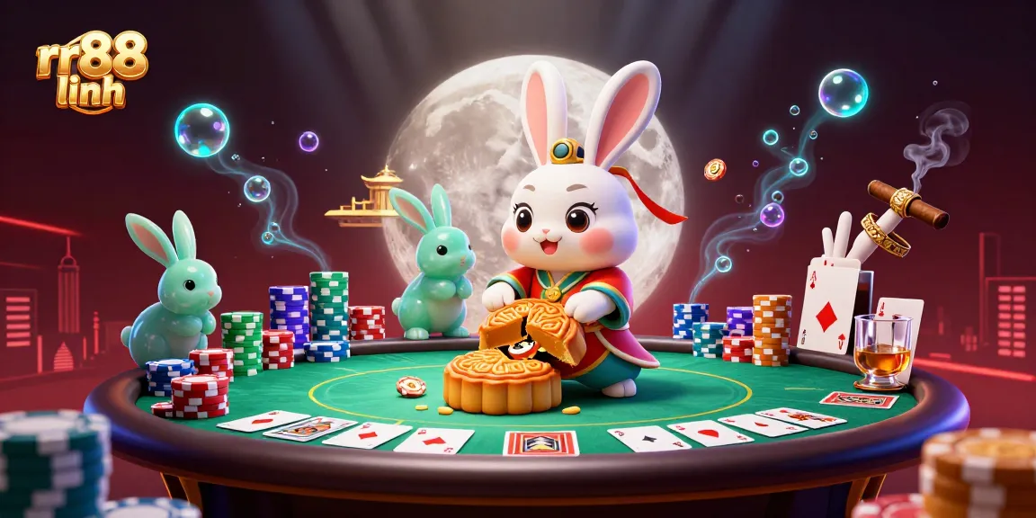 Experience thrilling gaming at rr88 linh with charming moon rabbits revealing poker treasures on the lunar surface.