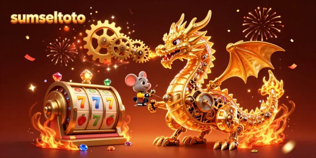 Sumseltoto entices players with a captivating 3D slot scene, showcasing a golden dragon among vibrant slot reels.