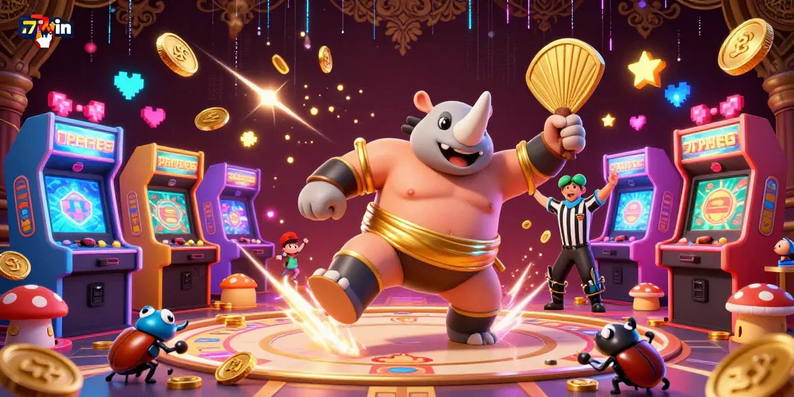 Experience thrilling 77win gameplay with vibrant characters and arcade machines in a lively casino scene.