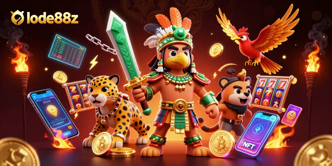 Engage with lode88z in an electrifying 3D casino scene filled with vibrant slot reels and crypto elements.
