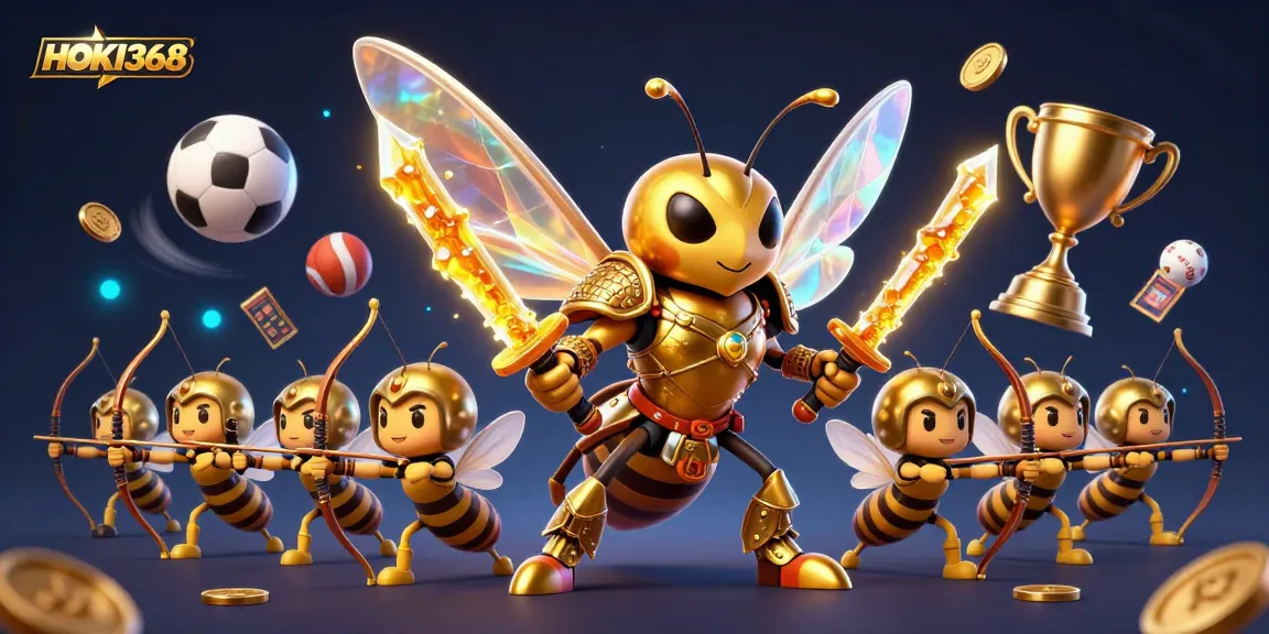HOKI368 presents a vibrant 3D scene of a golden hornet in samurai armor celebrating gaming wins.