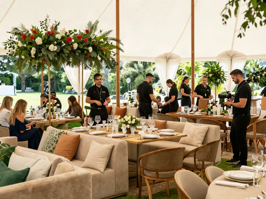 Event furniture rental setup showcasing luxurious lounge and dining arrangements under a beautifully decorated tent.