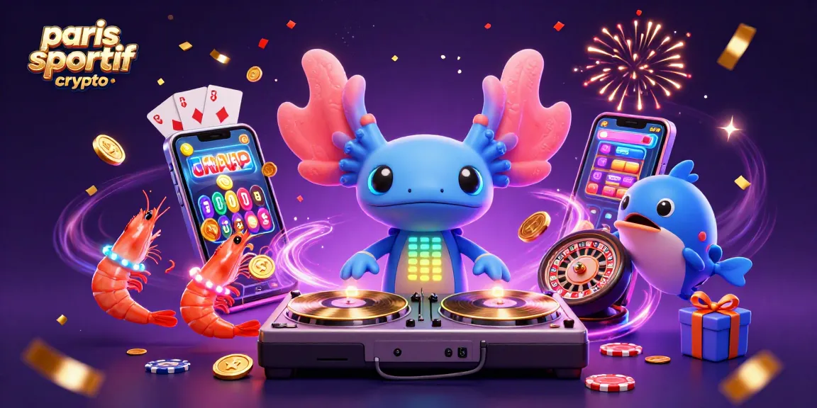 Placer des paris sportifs en cryptomonnaie dans une illustration dynamique avec des personnages colorés et des jeux de casino.