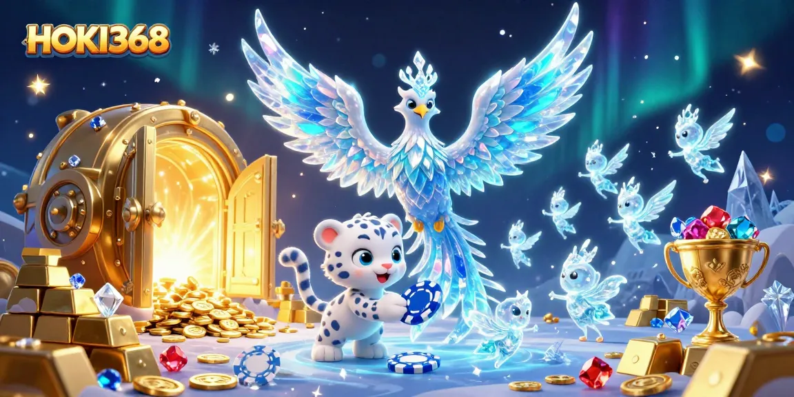 Experience HOKI368 with a vibrant scene of a magical ice phoenix and treasures, enhancing your digital gaming adventure.