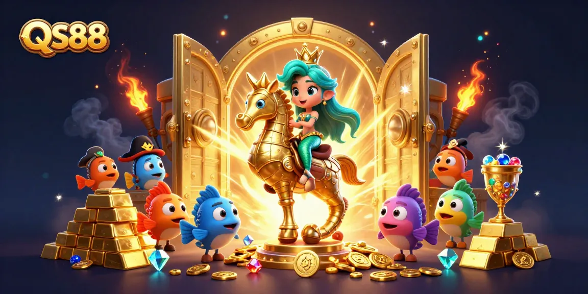 Experience the excitement of QS88 with vibrant underwater visuals and golden gambling treasures.