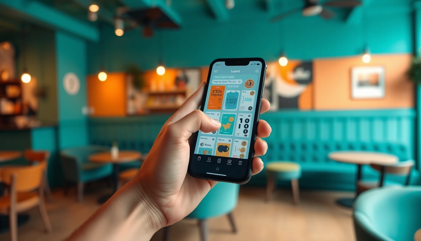 Engaging digital stamp cards featured on smartphone highlighting loyalty features in a vibrant coffee shop.