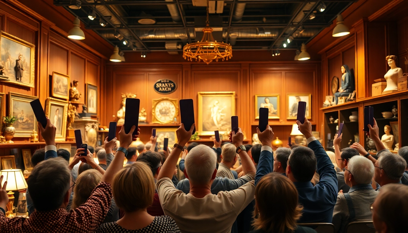 Engaging auction atmosphere at Kinghams with bidders and unique collectibles on display.