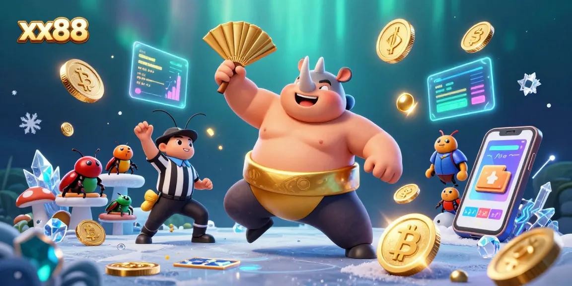 Experience exhilarating gaming action with xx88 as beetle champions stomp coins amidst crypto elements.