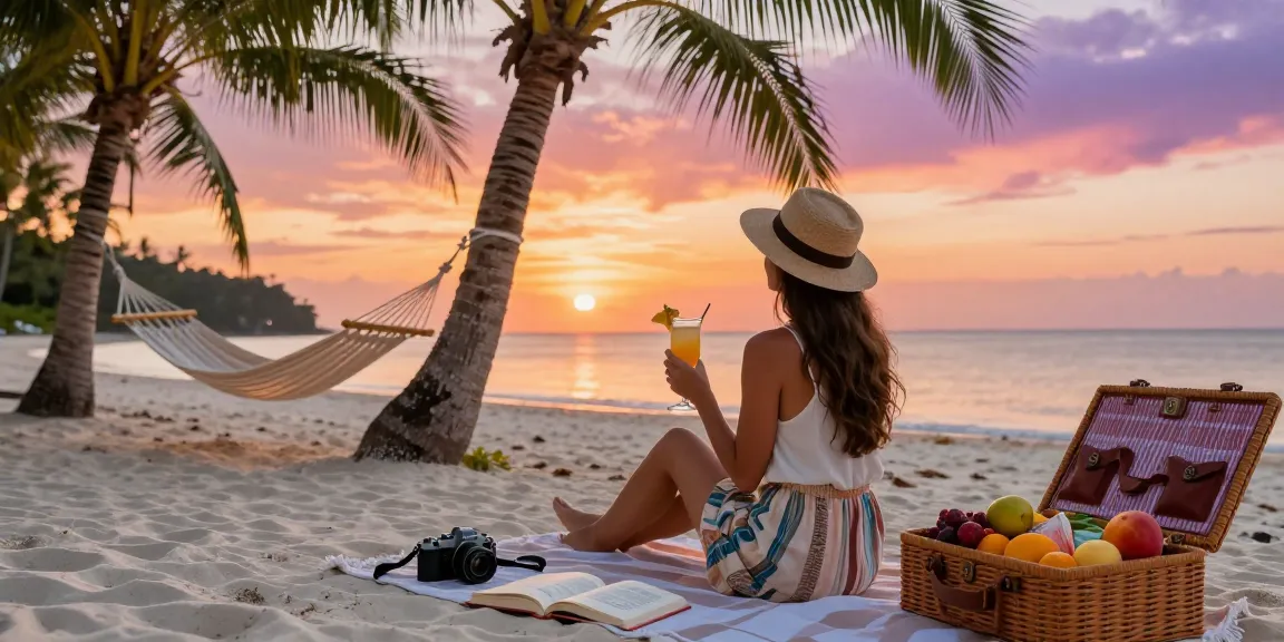 Luxury and custom tour packages at a serene beach sunset, capturing a traveler’s indulgence in relaxation and adventure.