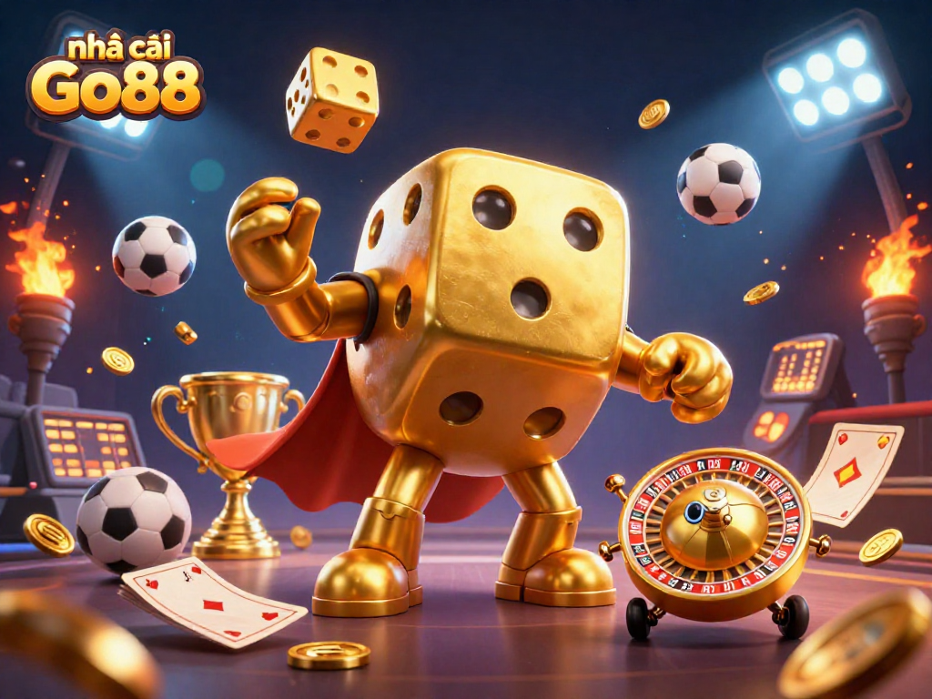 nhà cái Go88 showcases excitement with golden dice and dynamic sports elements in action