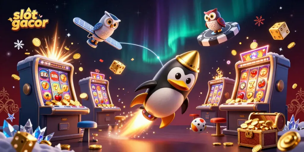 Experience the thrill of slot gacor with a golden penguin and a vibrant casino atmosphere.