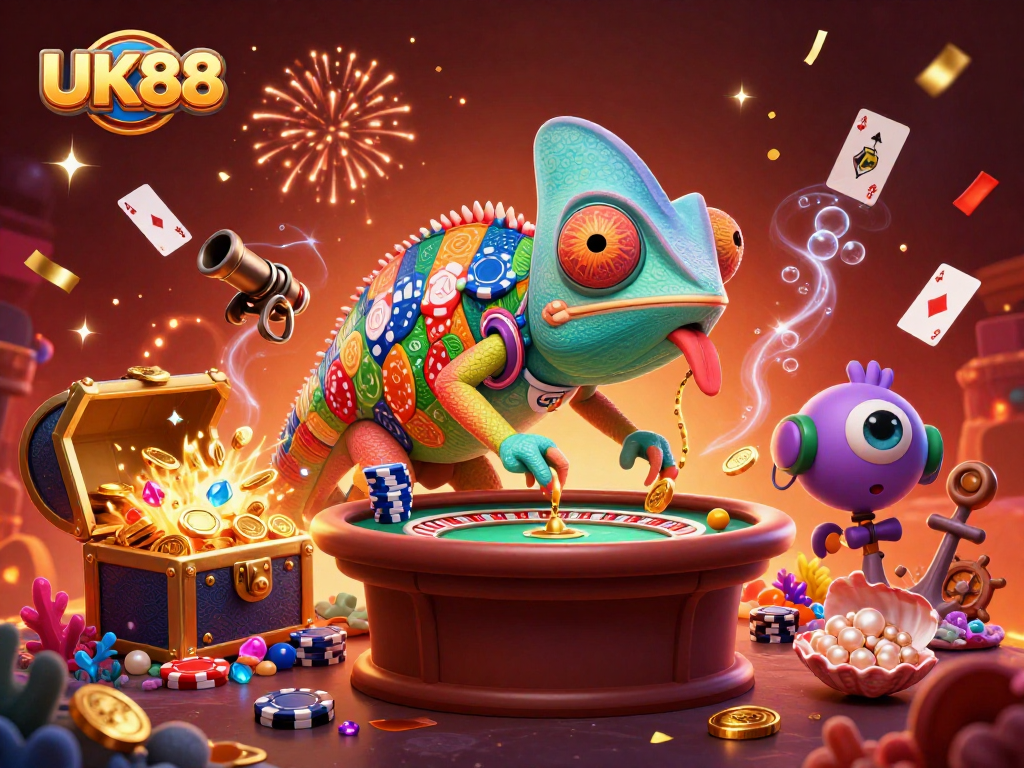 Bet big with UK88 as our chameleon casino owner catches golden coins while celebrating in vibrant gameplay.