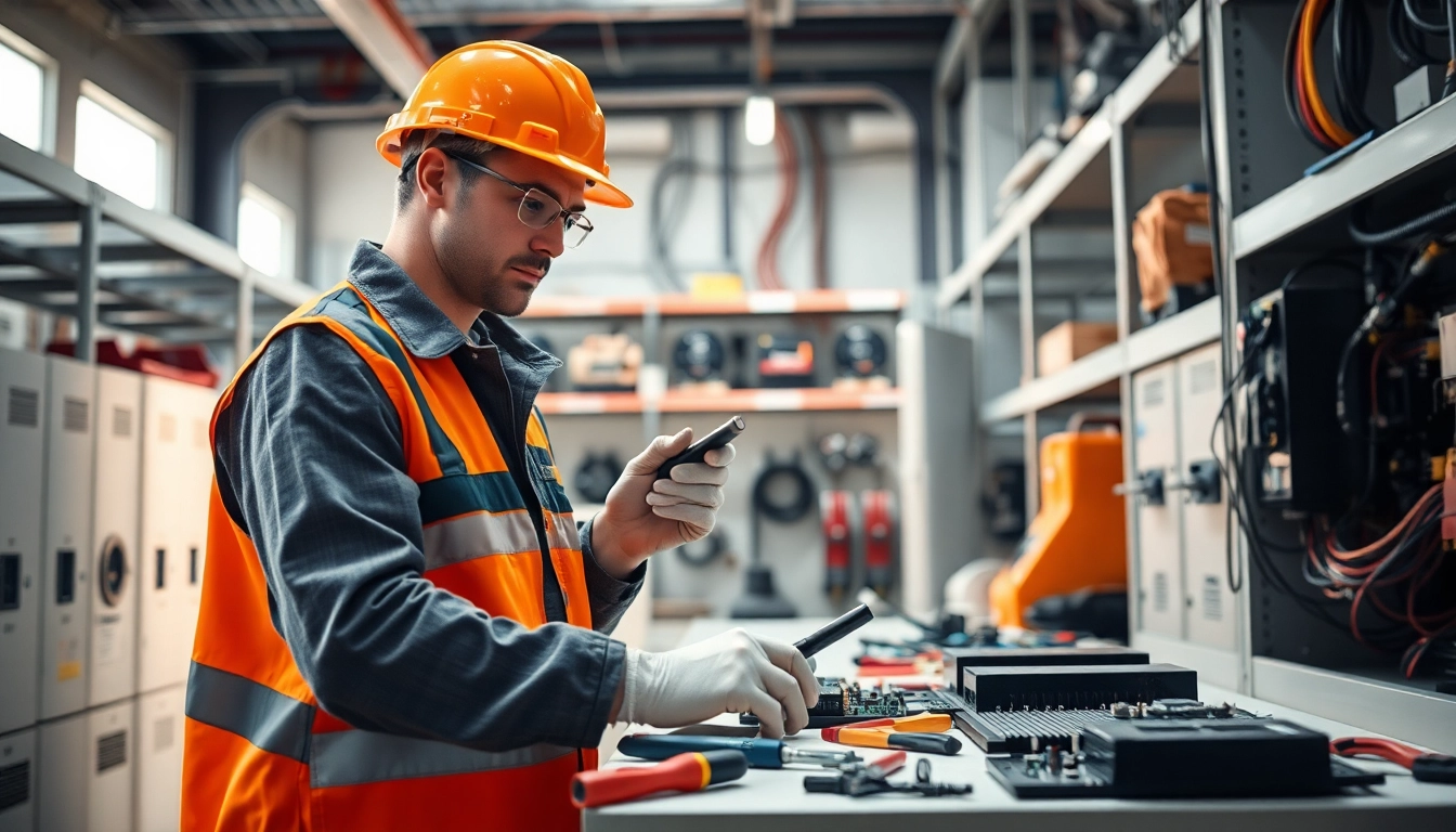Electrician engaged in electrical maintenance, repairing circuits with focused attention in an industrial workspace.