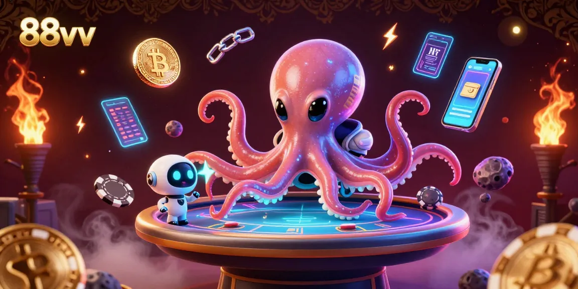 Engage with 88vv's lively crypto poker scene featuring an alien octopus and vibrant elements.