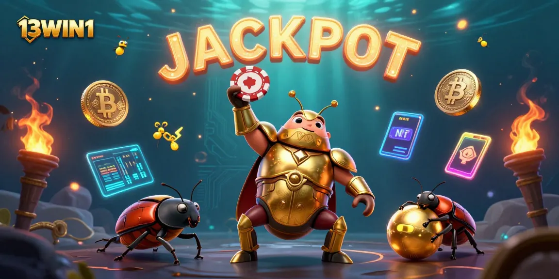 Spin the winning slot reels with 13WIN1 while a beetle in gold armor lifts a poker chip, creating excitement.