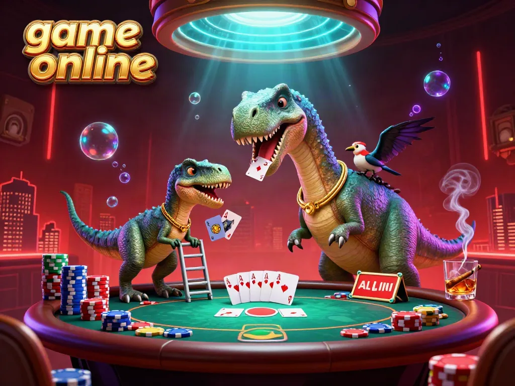 Engaging 3D scene illustrating a unique game online experience with a brontosaurus and raptor in a vibrant casino setting.