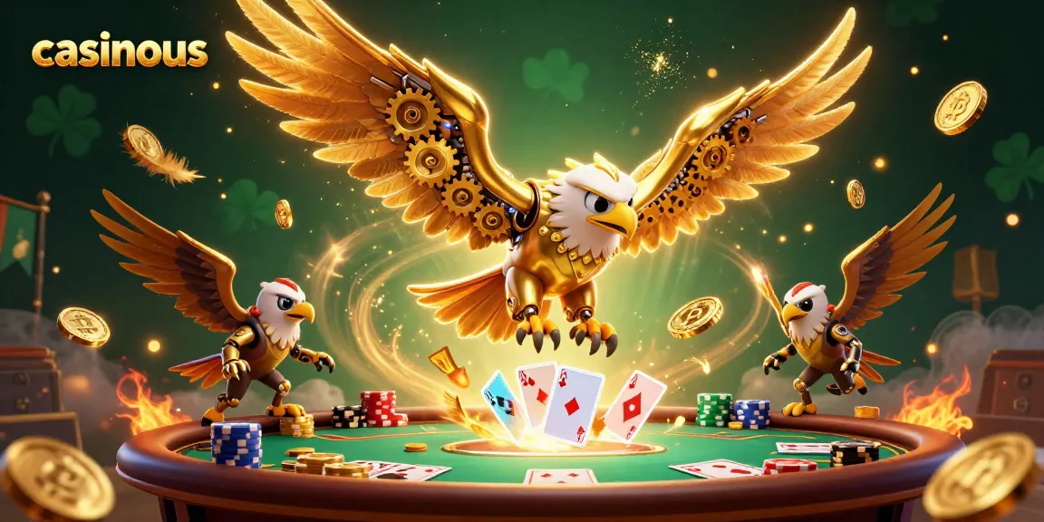 Experience the thrill of casinos with casinous as golden eagle flies through holographic cards and crypto coins.