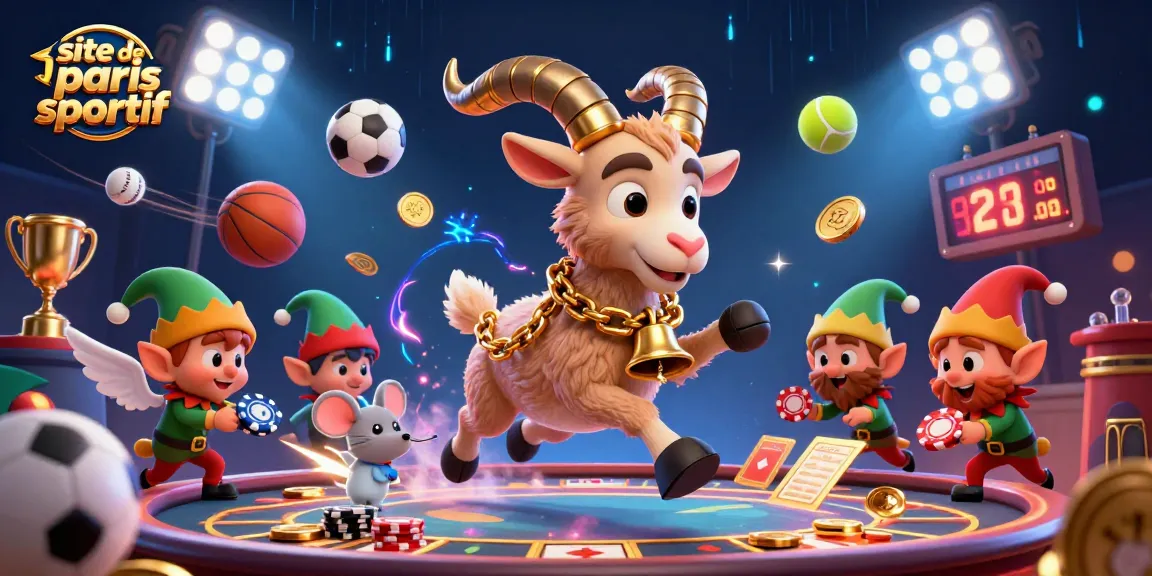 Plongez dans l'univers du site de paris sportif avec une scène dynamique de personnages ludiques et des éléments de paris sportifs.