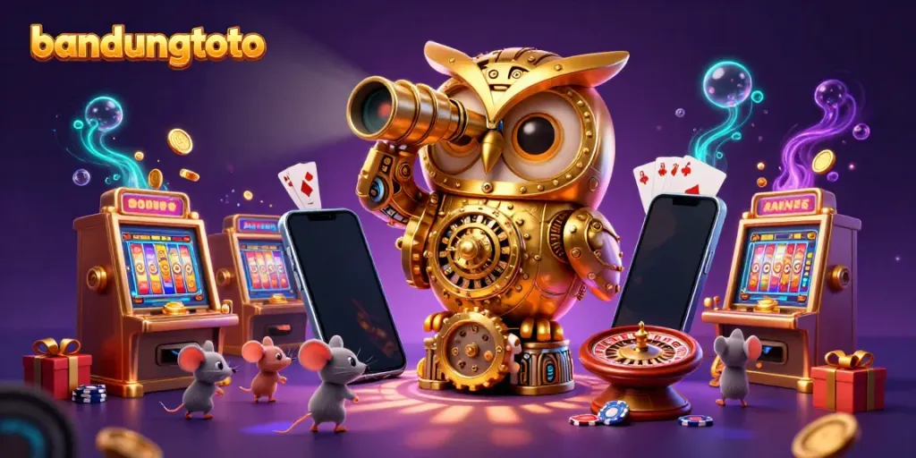 Engage with immersive gaming at bandungtoto featuring a charming owl and vibrant slot machines.