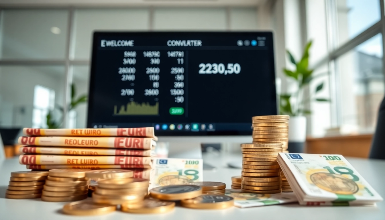 Efficient ways to buy euros with stacks of euro banknotes and coins in a modern office setting.